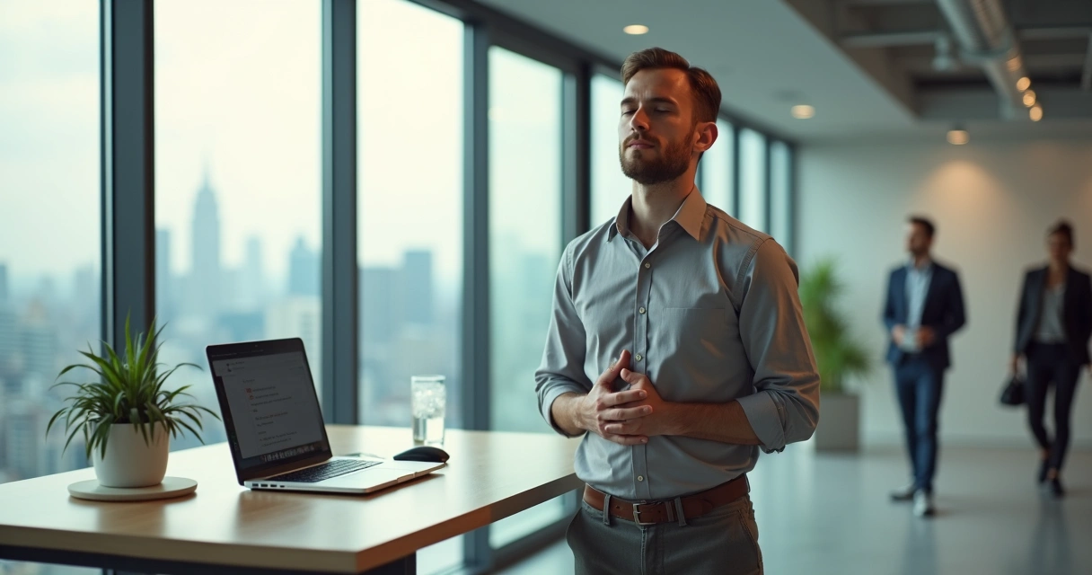 Pessoa em pé praticando micro meditação ao lado da mesa de trabalho 