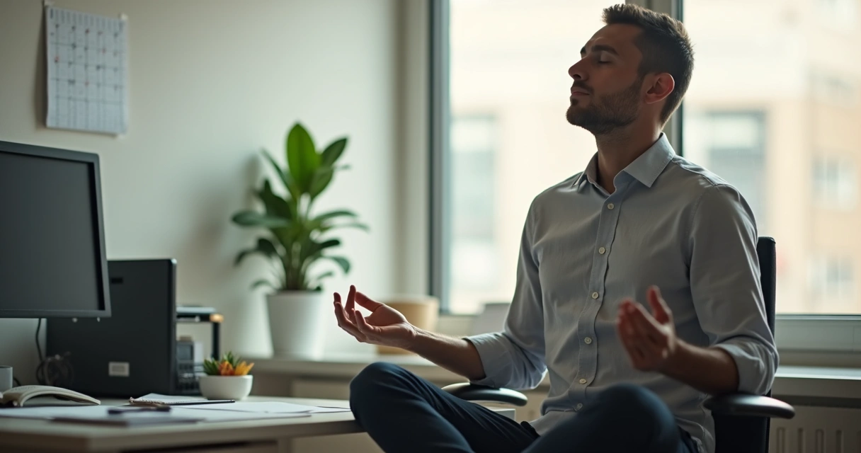 Pessoa sentada em cadeira, olhos fechados, realizando exercício de respiração consciente em ambiente de escritório