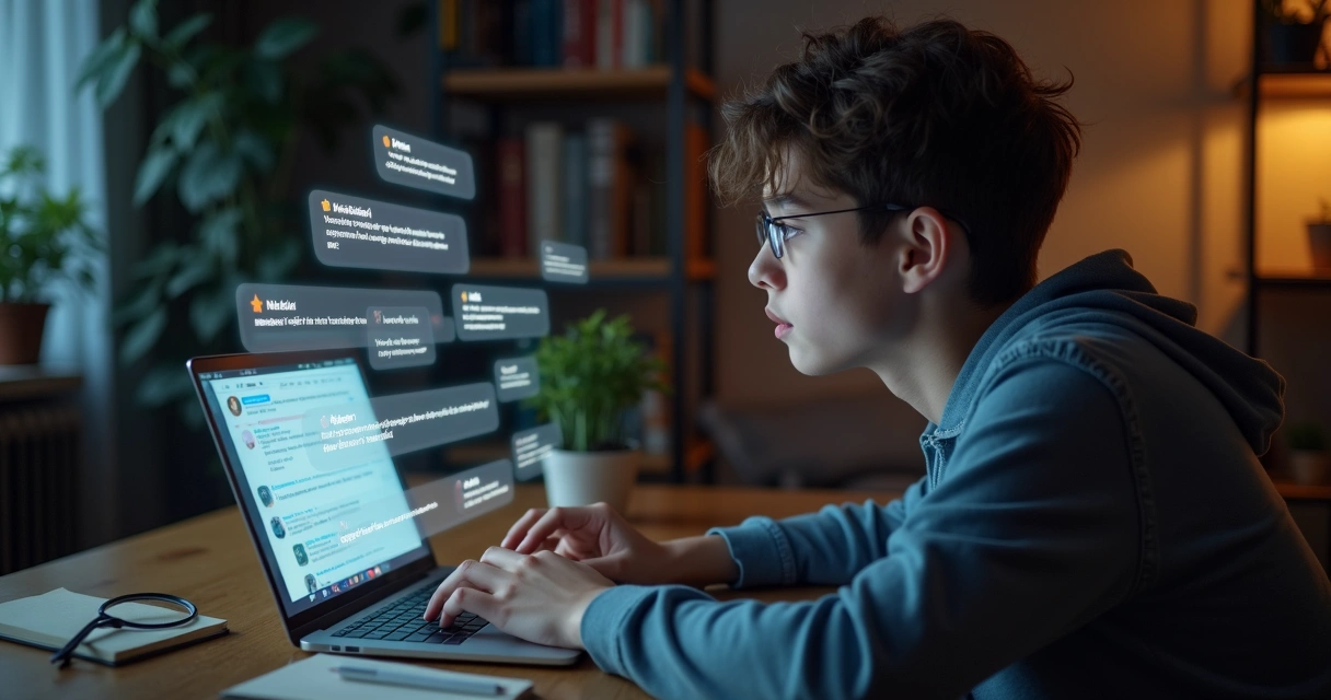 Pessoa em frente a notebook com pequenos balões de pensamento mostrando microataques nas redes sociais 
