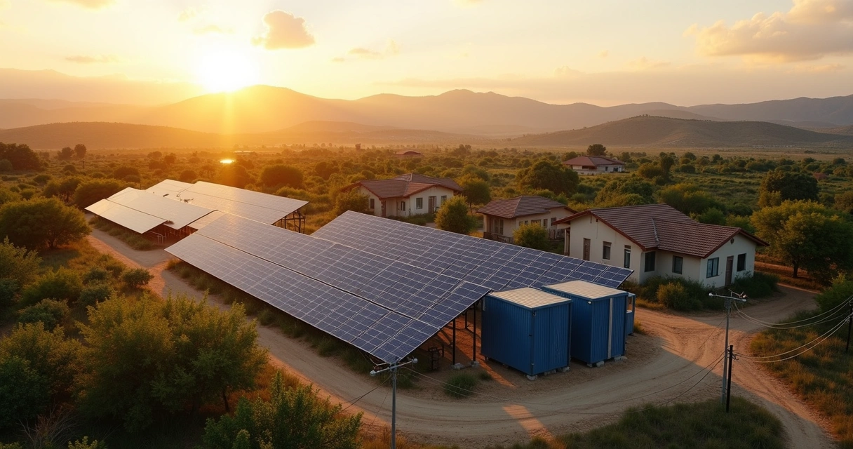 Painéis solares montados em área rural com baterias para armazenamento conectadas em micro rede 
