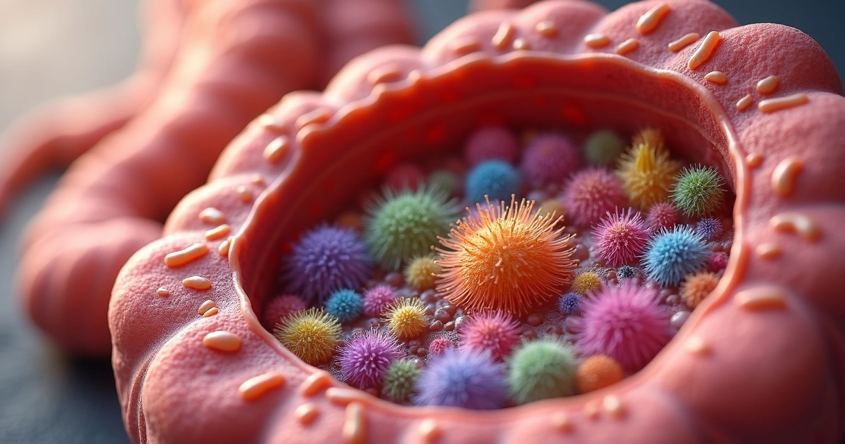 Bactérias intestinais observadas em detalhe em ambiente colorido