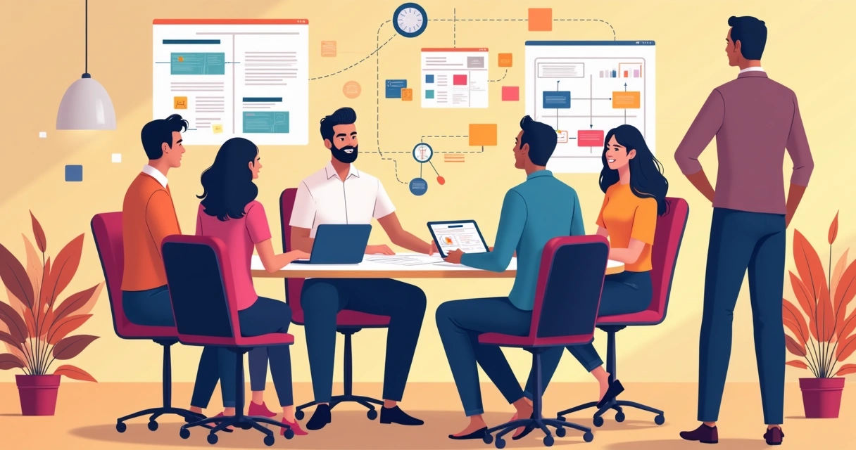 Ilustração de várias pessoas criando um app em uma grande mesa redonda, telas e fluxos de automação desenhados ao redor
