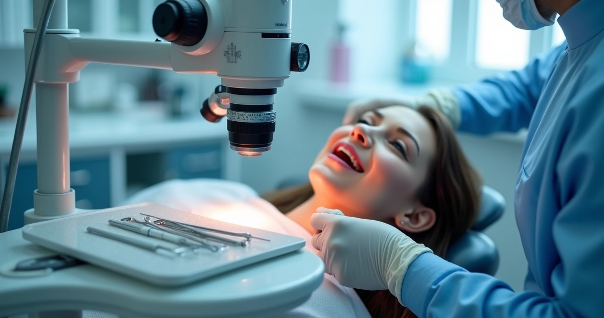 Microscópio operacional sendo usado em cirurgia odontológica 