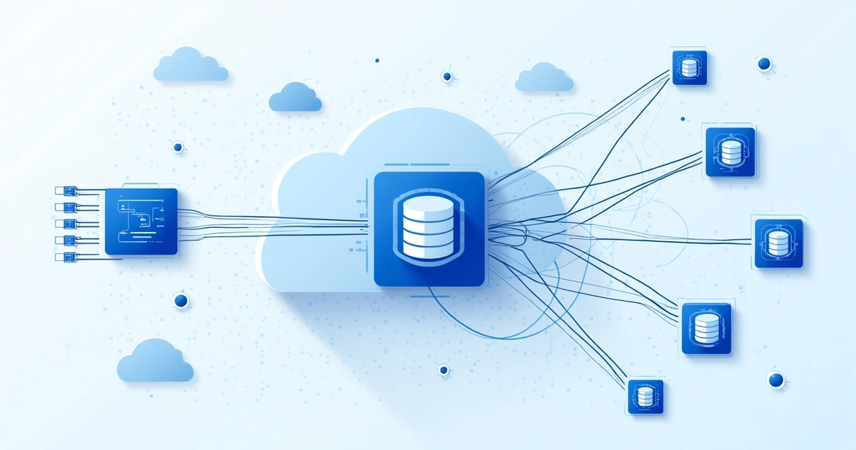Multiple microservices with complex network lines and database icons 