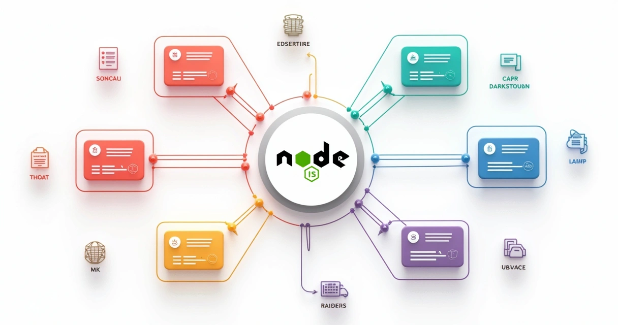 Colorful microservices diagram with Node.js core