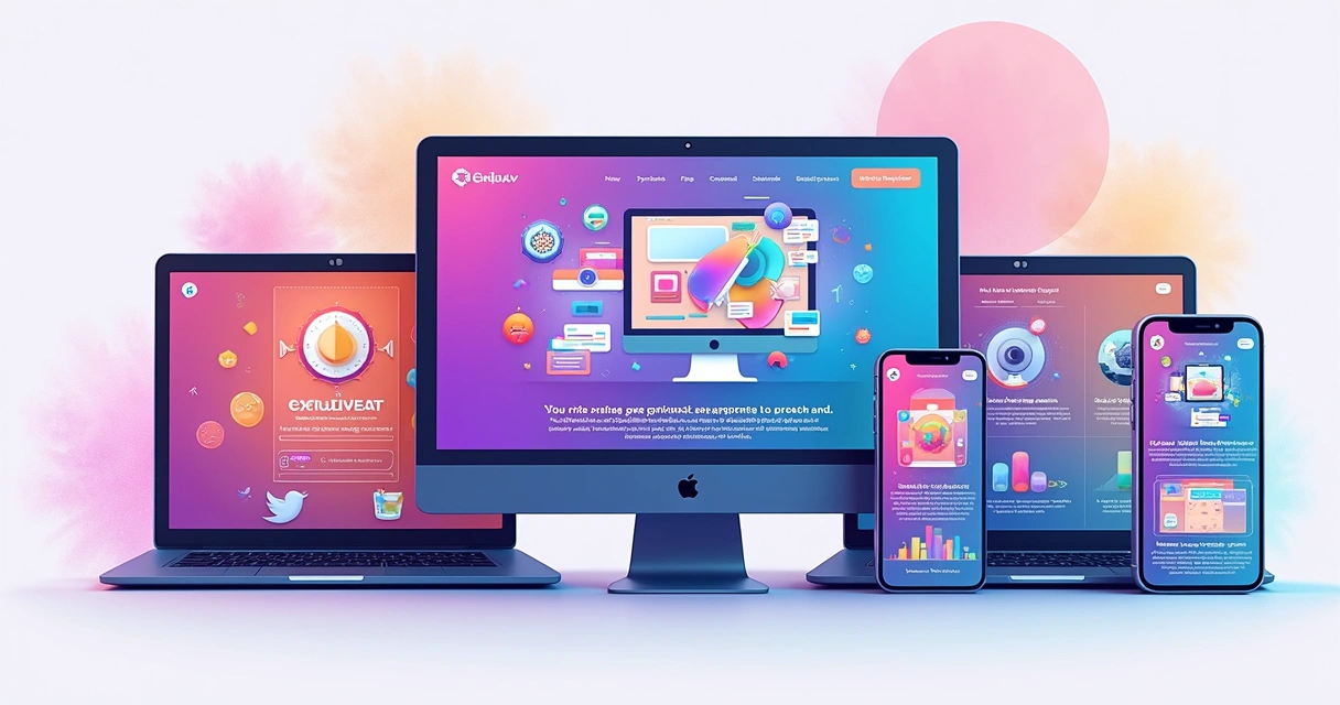 Ilustração de microsite com várias páginas segmentadas e identidade visual própria 