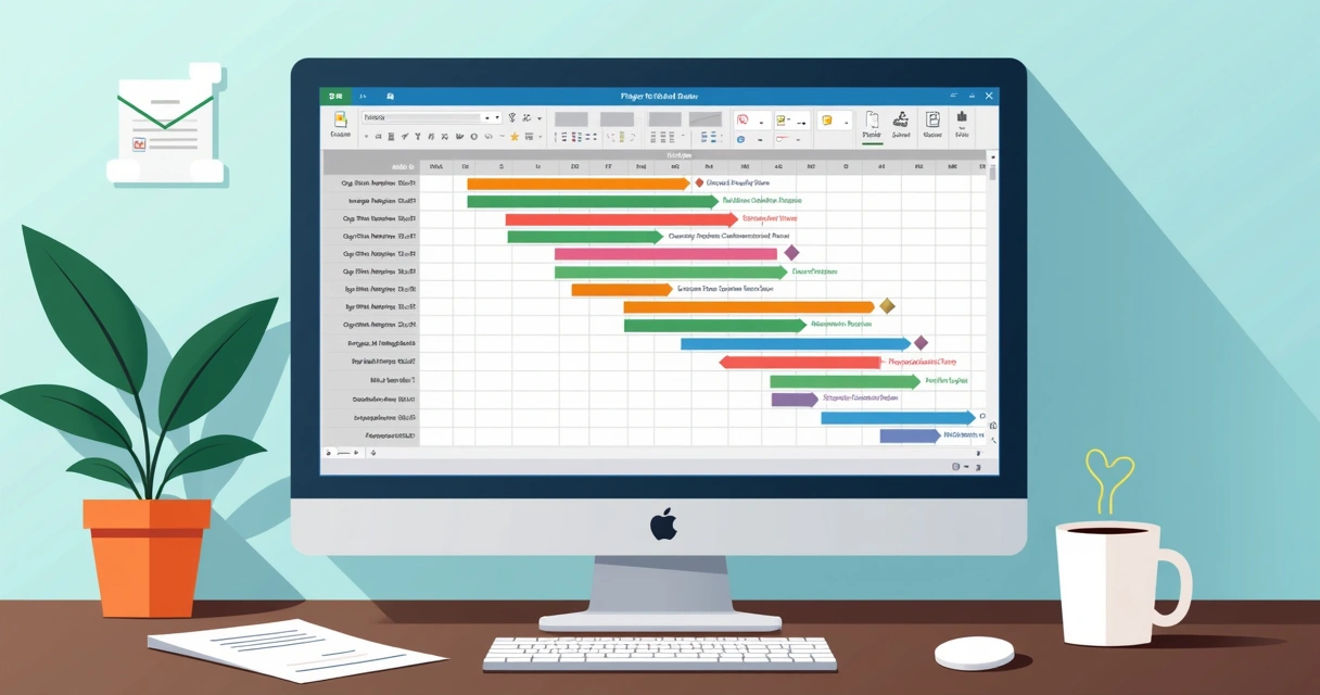 Tela do Microsoft Project mostrando diagrama de Gantt com tarefas coloridas 