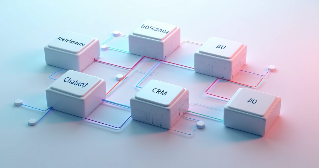 Representação visual da arquitetura de microserviços com blocos representando atendimento, chatbot, CRM interligados por linhas de comunicação 