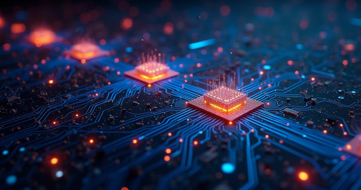Diagrama colorido de microsserviços conectados digitalmente