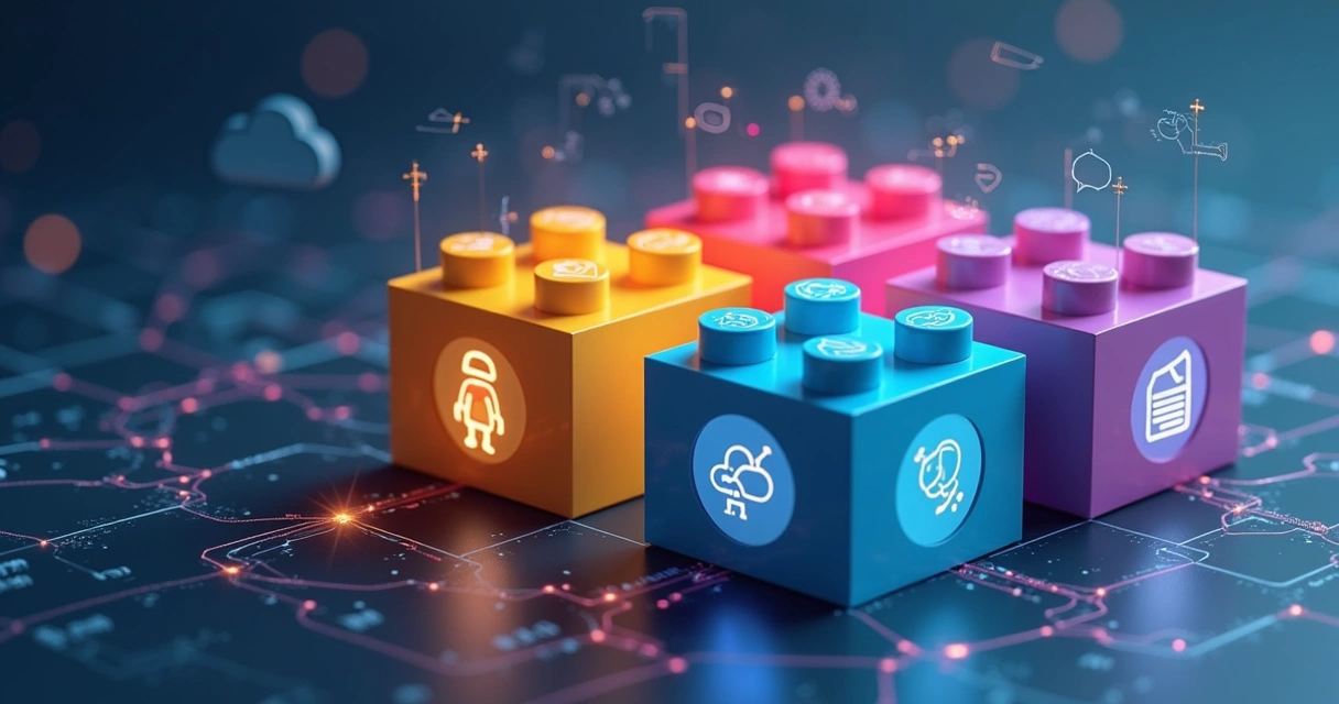 Blocos de Lego coloridos formando um sistema de microsserviços com APIs 