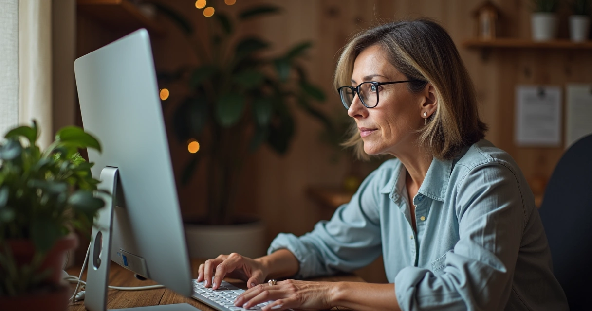 Mulher sentada diante de um computador realizando pequenas tarefas online 