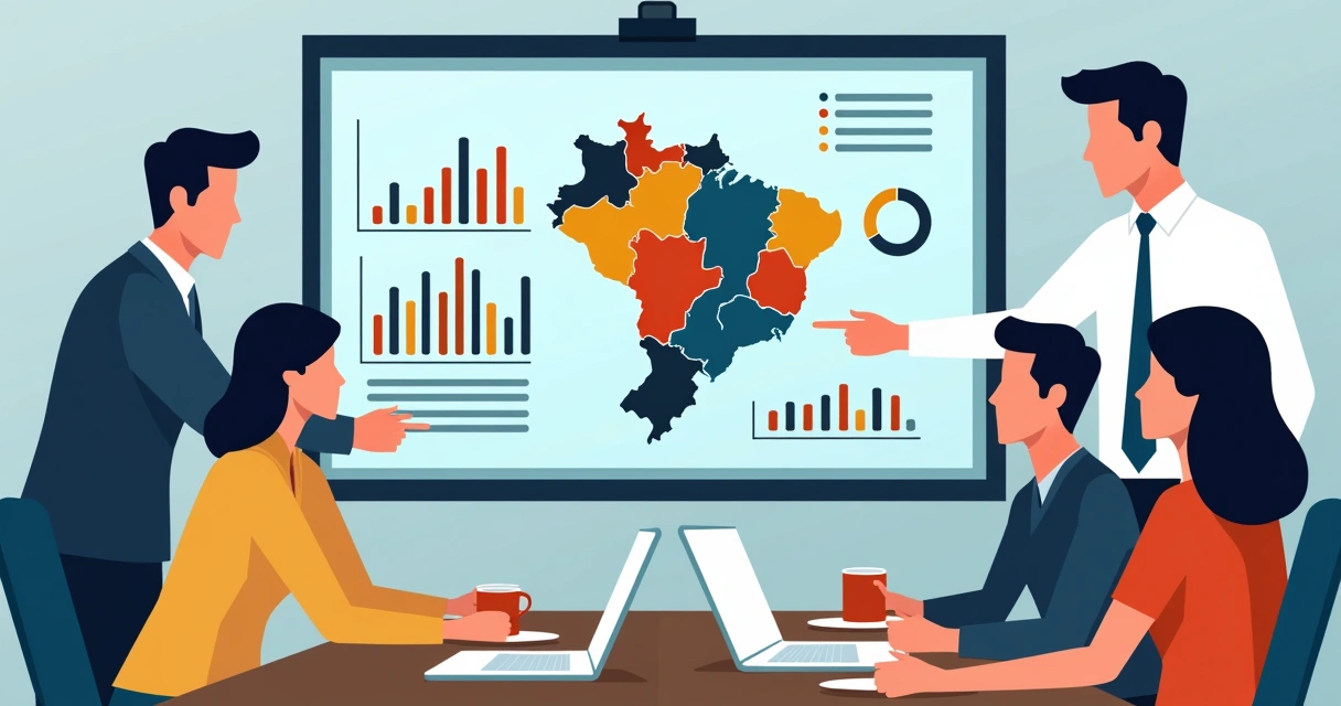 Equipe analisando dados em tela grande para microtargeting digital de campanha