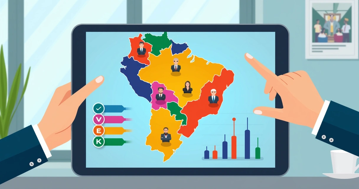 Ilustração de um mapa do Brasil segmentado por cores com ícones representando diferentes grupos de eleitores