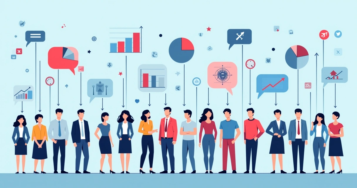 Microtargeting político ilustrado com grupos diferentes, gráficos e setas de segmentação