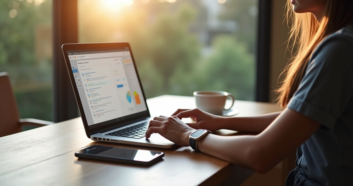 Person at a small desk with laptop, phone, and coffee cup completing digital tasks