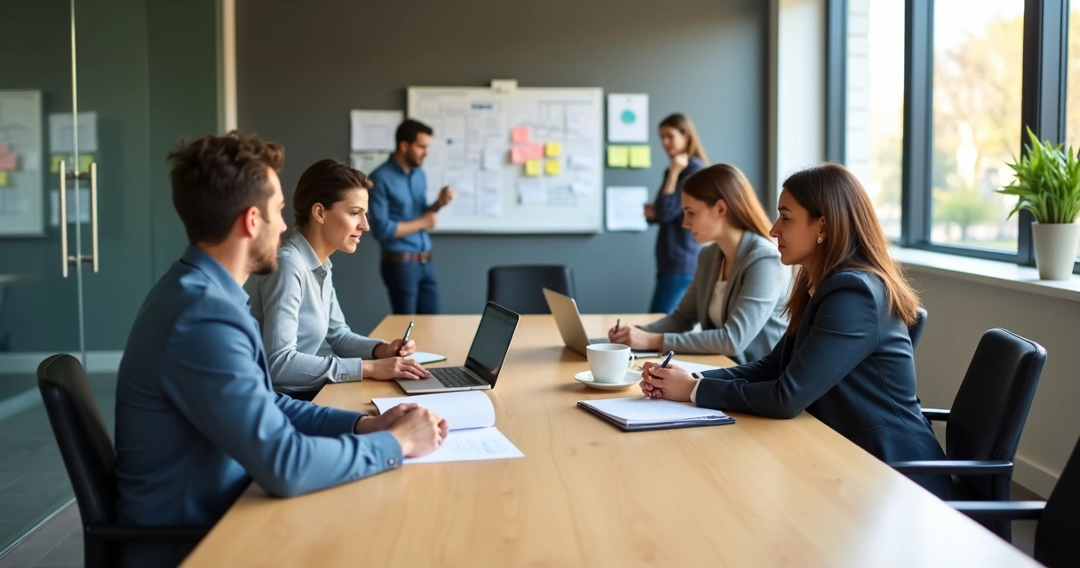 Colegas en una sala de reuniones con sutiles gestos de tensión interpersonal 