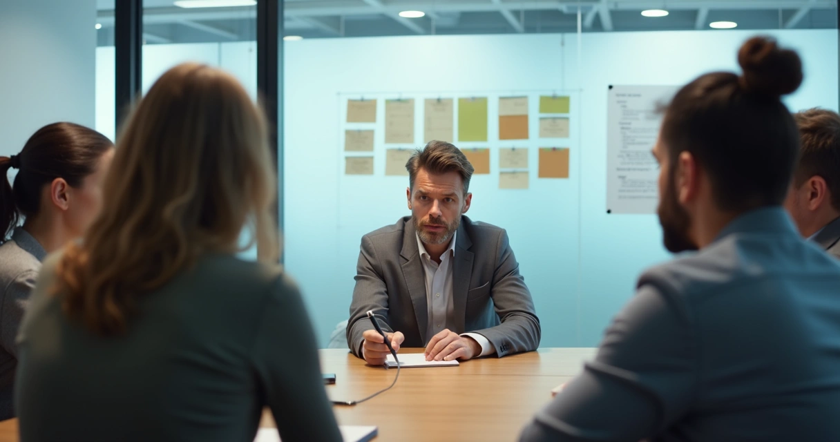 Colaborador em reunião de trabalho cercado por expressões sutis de tensão e distância 