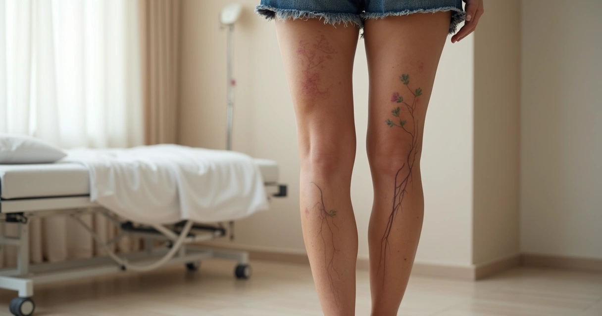 Pernas femininas mostrando diferença visual entre microvarizes finas e varizes salientes 