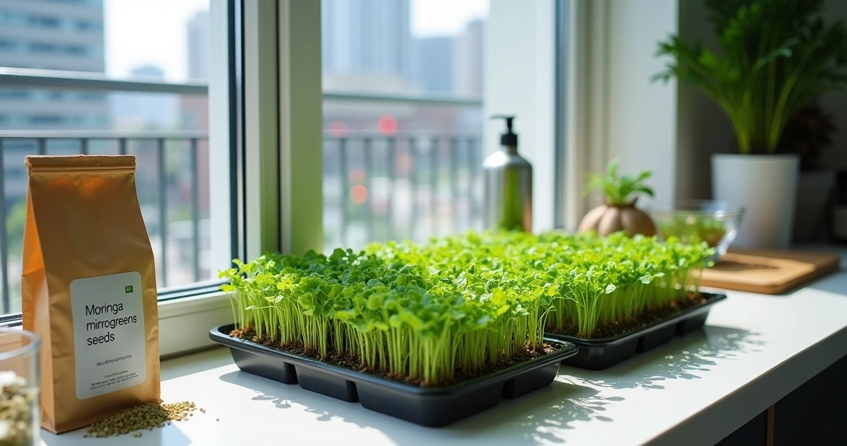 Bandeja de microverdes de moringa em peitoril de janela de apartamento 