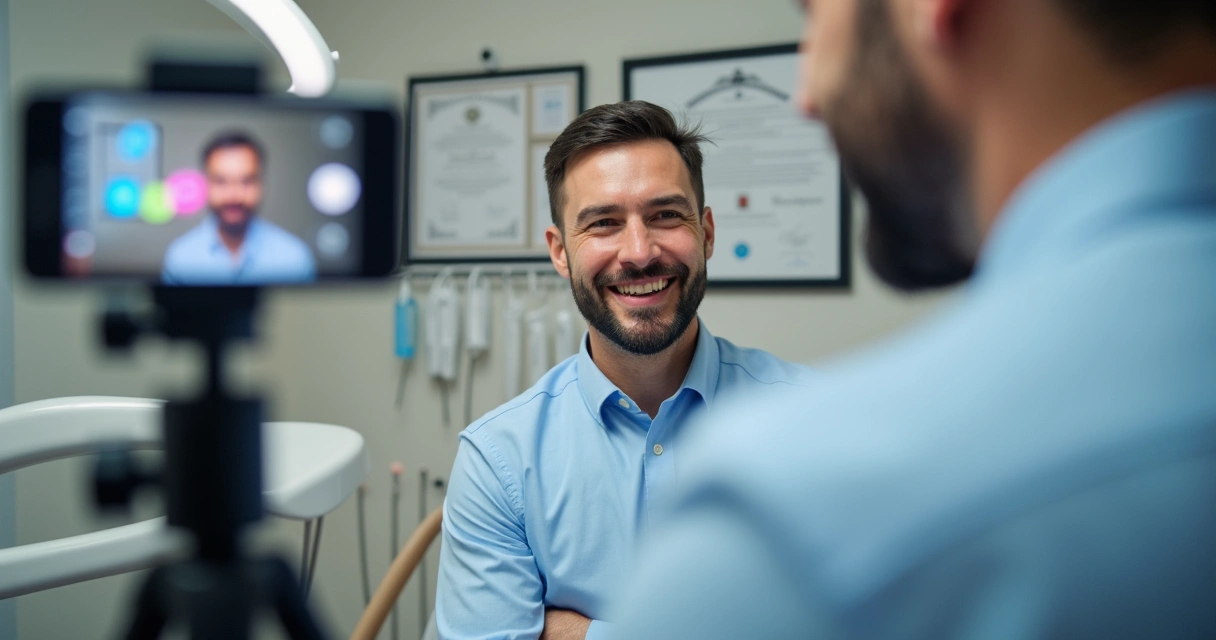 Dentista gravando microvídeo para Instagram no consultório