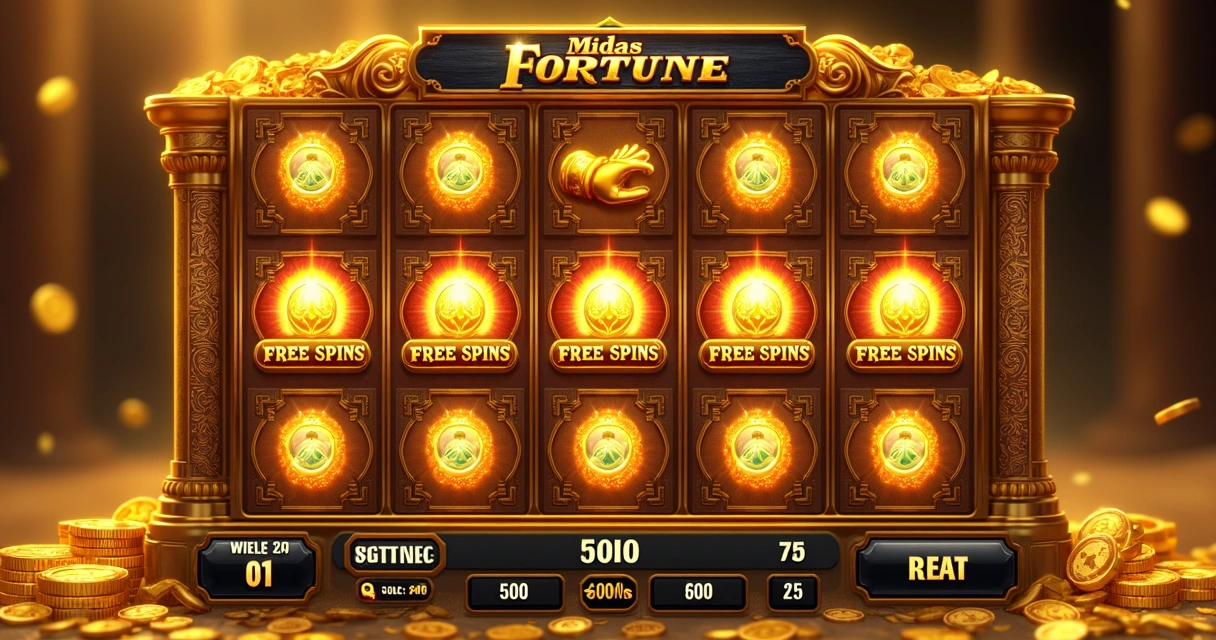 Tela do caça-níqueis Midas Fortune mostrando símbolos dourados, multiplicadores e rodadas grátis 