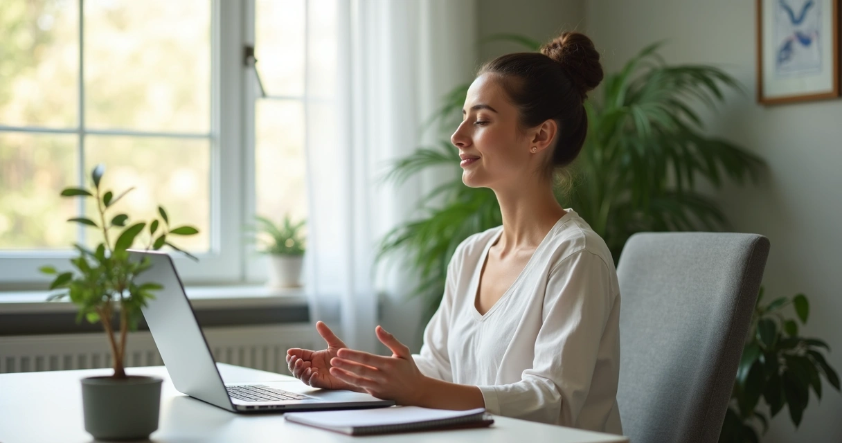 Person pausing for a mindful breathing break at a desk 