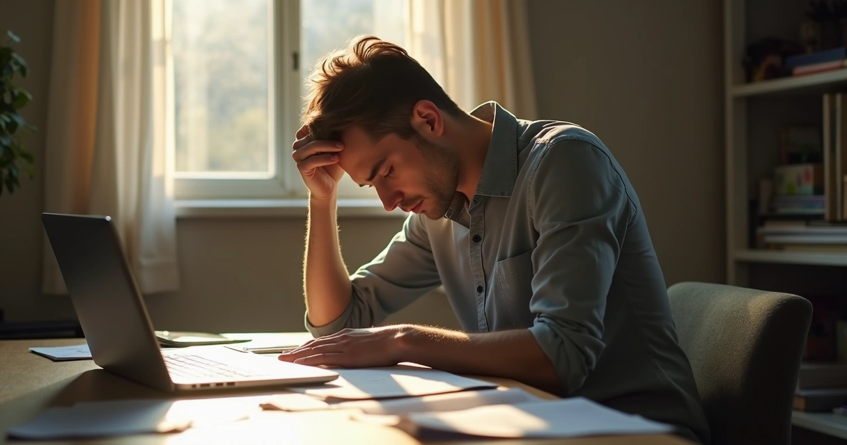 Person at desk mid-afternoon, eyes drooping, holding head, surrounded by papers 