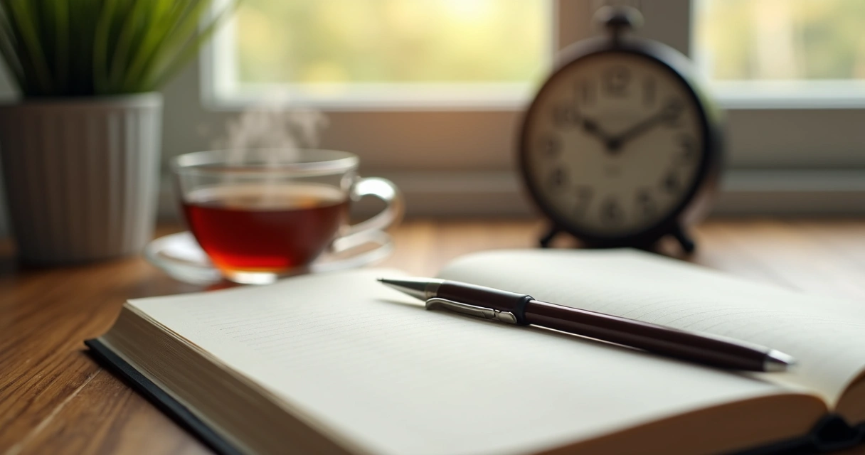 Journal, tea cup, and pen on a calm desk during a midday pause