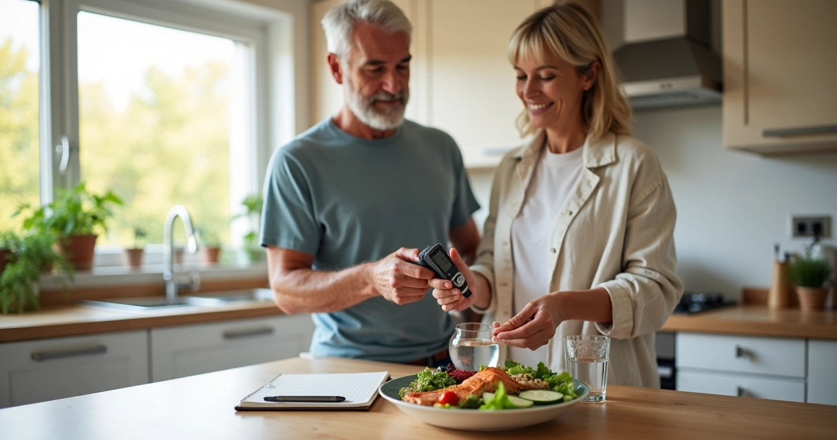 Middle-aged couple checking blood sugar in a bright kitchen with healthy food on the counter 