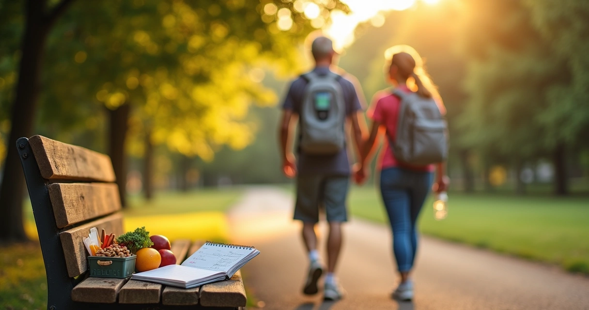 Middle-aged couple walking outdoors with diabetes supplies in backpack 