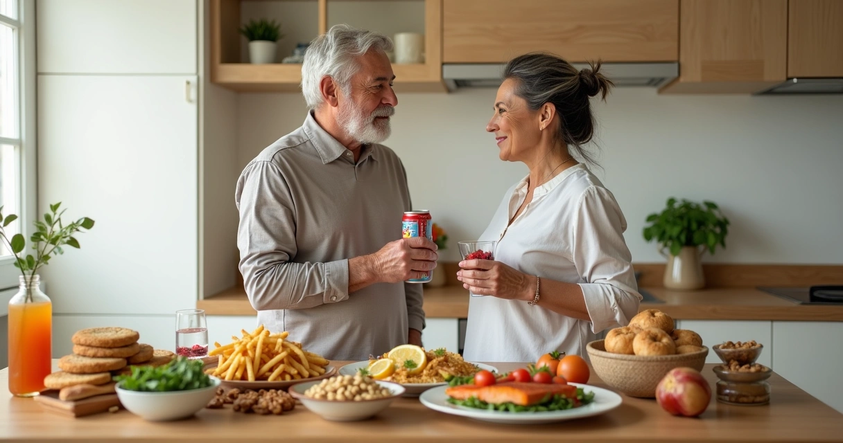 Middle-aged man and woman choosing diabetes-friendly foods in a kitchen 