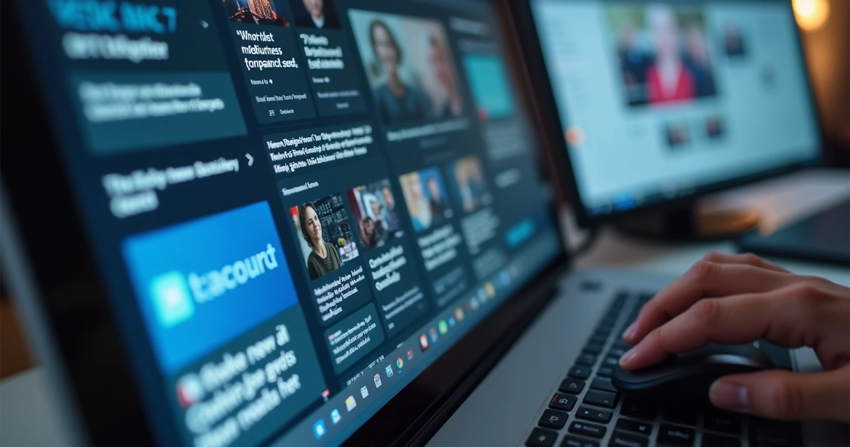 Tela de computador exibindo várias notícias sobre empresas em sites de negócios 