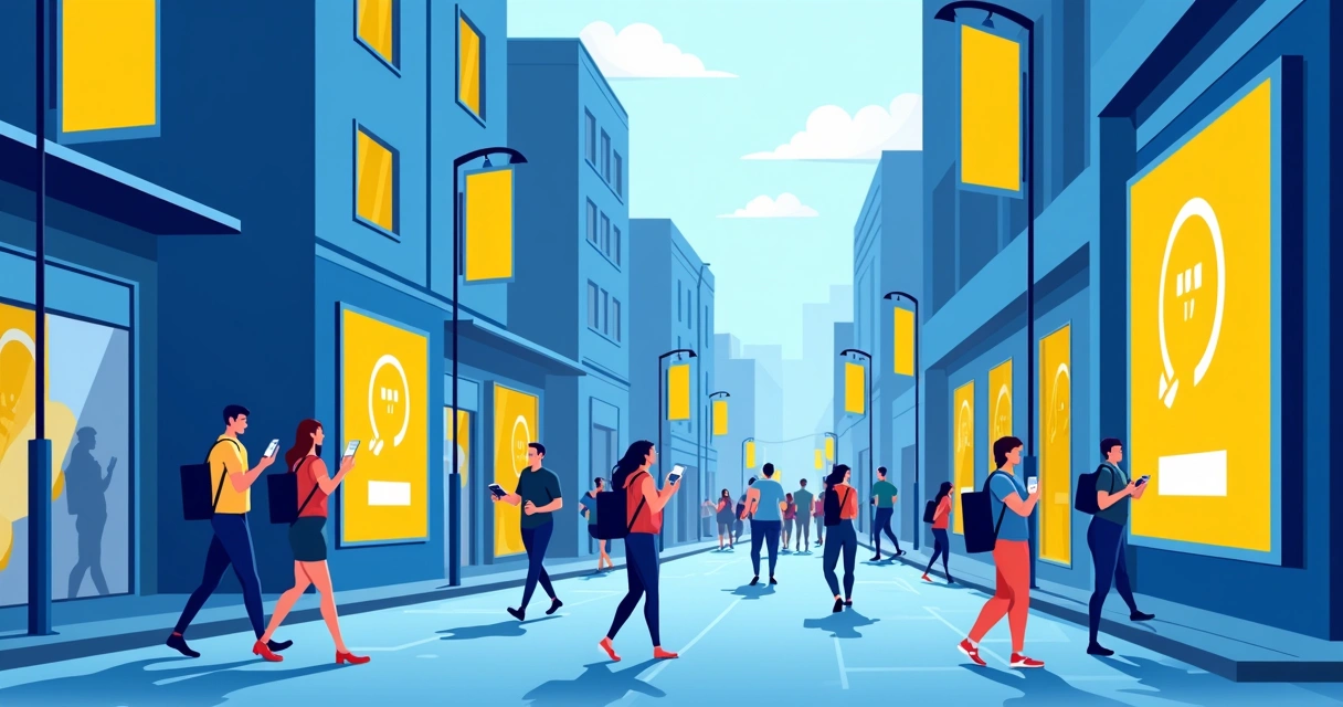 Outdoor em rua movimentada com pessoas usando celular próximos a materiais de campanha 
