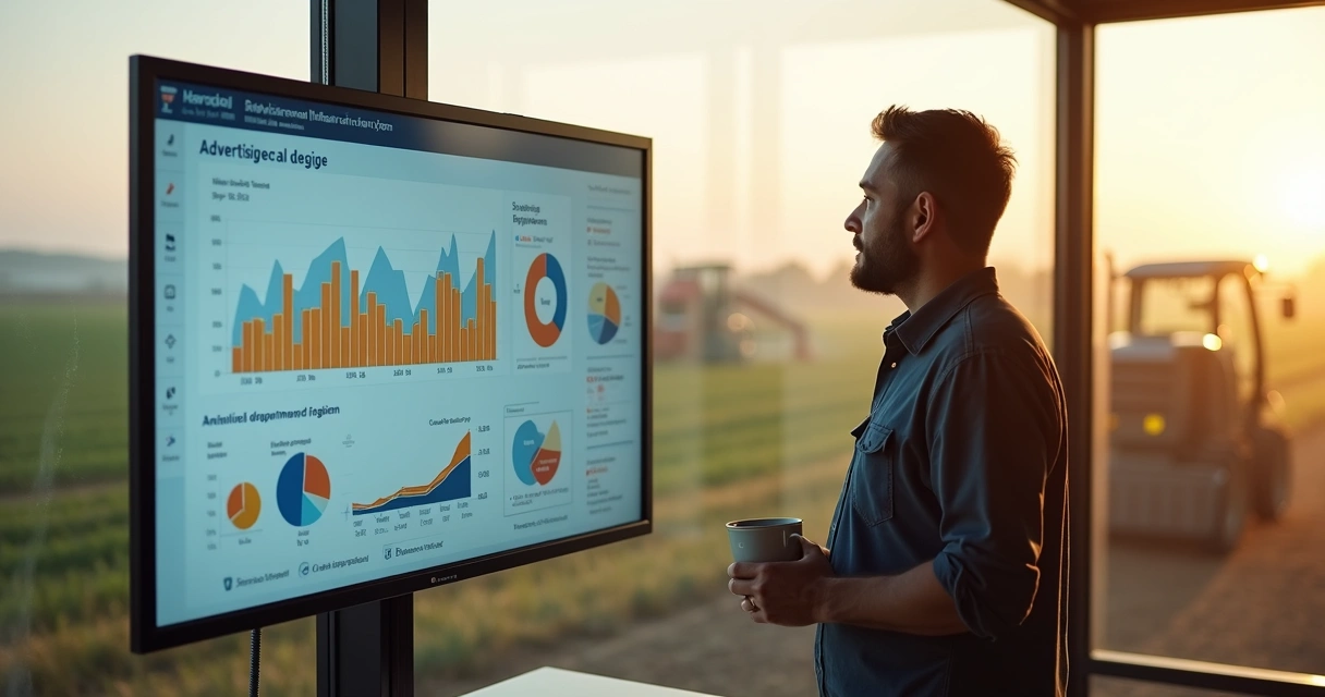 Gestor rural analisando dados digitais de campanhas em tela grande 