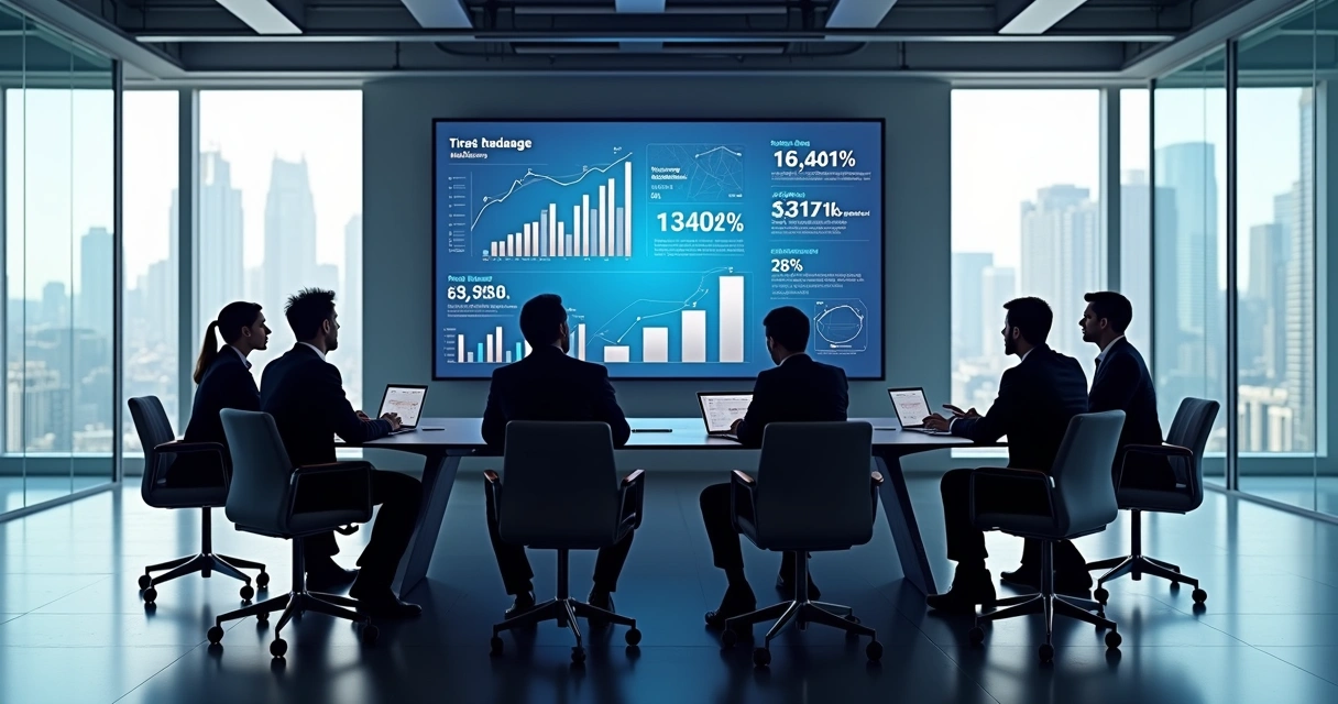 Executivos analisando gráficos de marketing digital em tela grande em sala de reunião moderna 