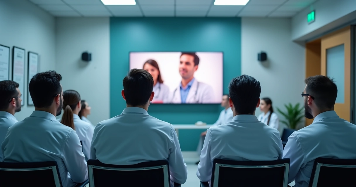 Clínica médica com equipe preocupada vendo notícias na imprensa 