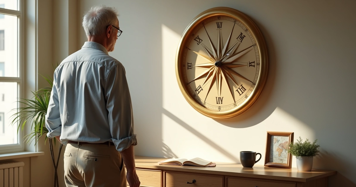 Middle-aged person adjusting large compass in quiet room 