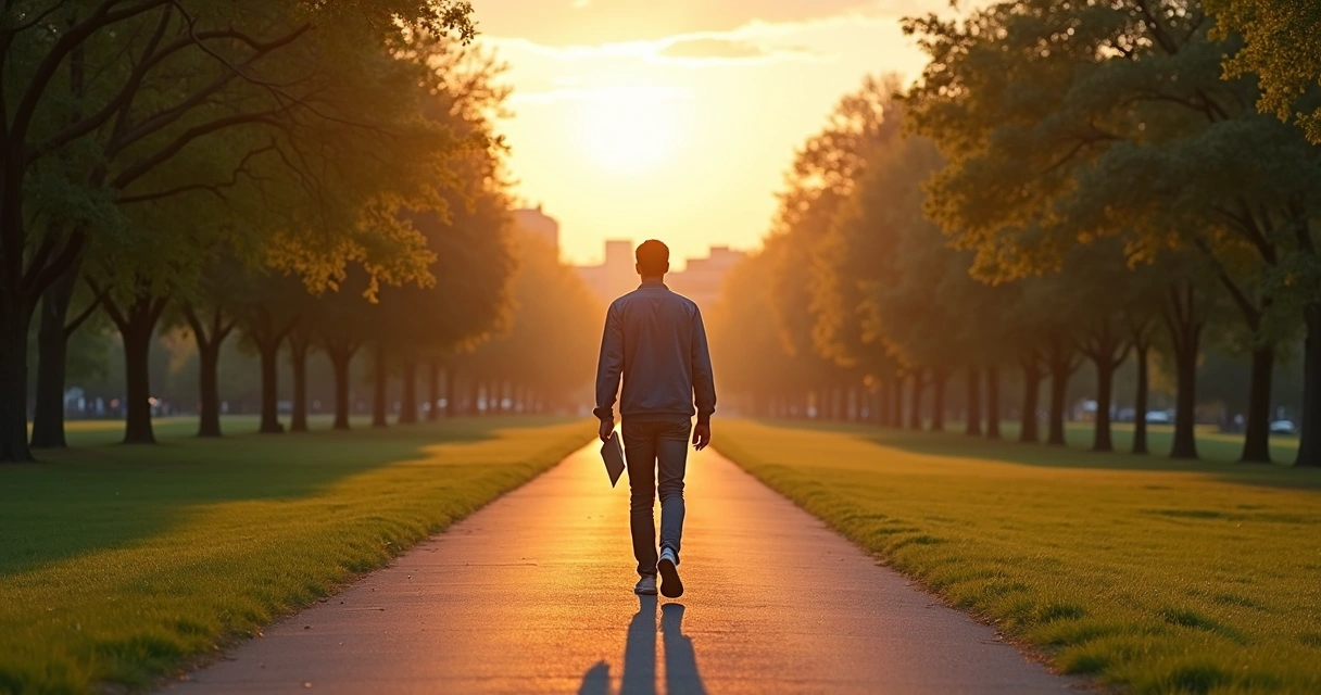 Person walking on a path at sunrise