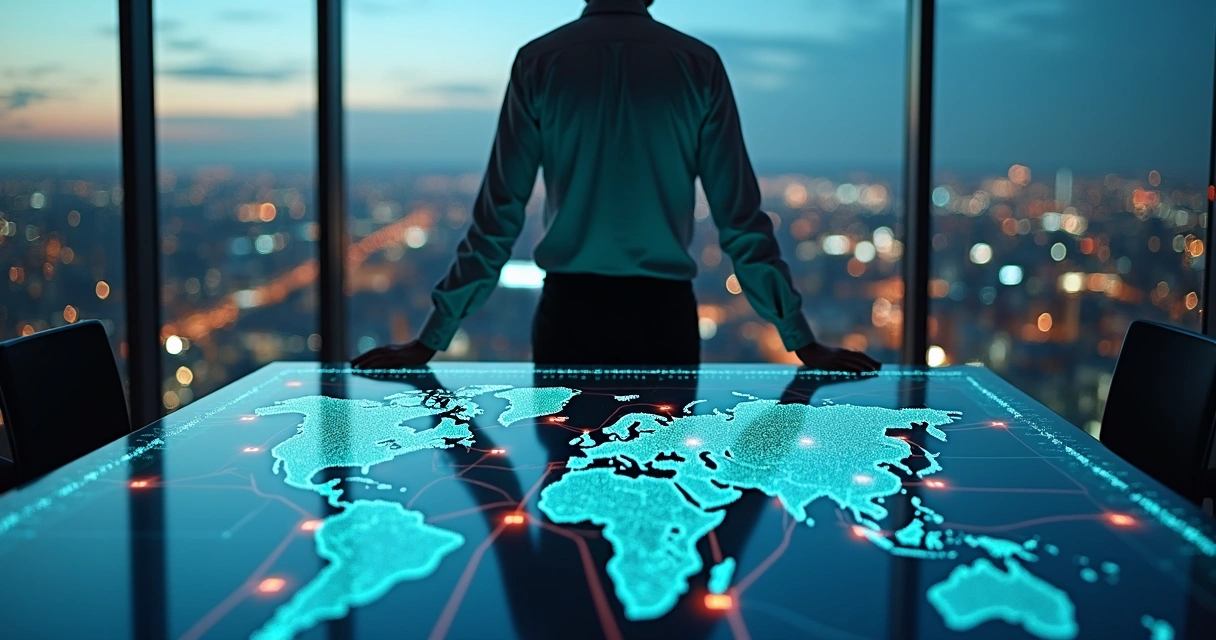 IT manager viewing city network map on digital table 