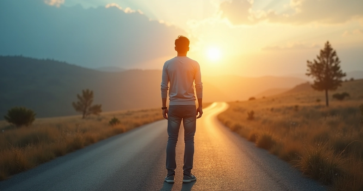 Persona frente a un cruce de caminos avanzando hacia la luz dejando atrás la sombra 