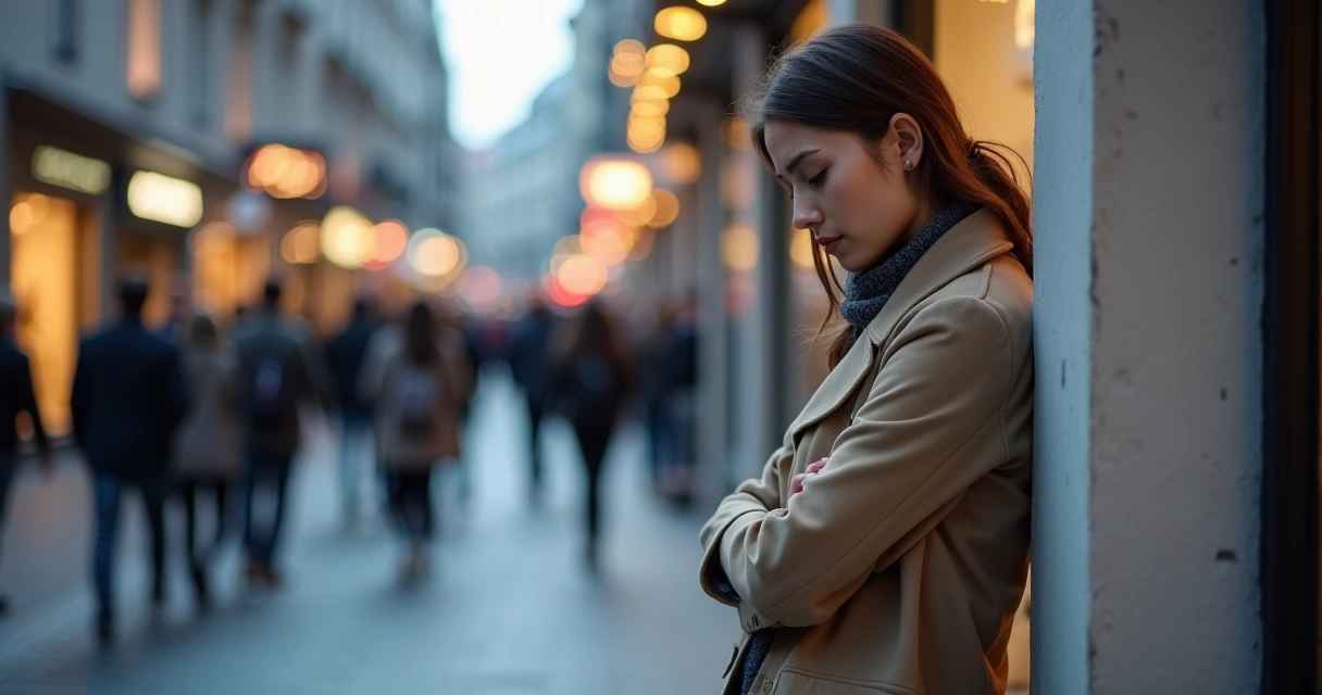 Persona pensativa apoyada contra una pared en una calle llena de gente desenfocada 