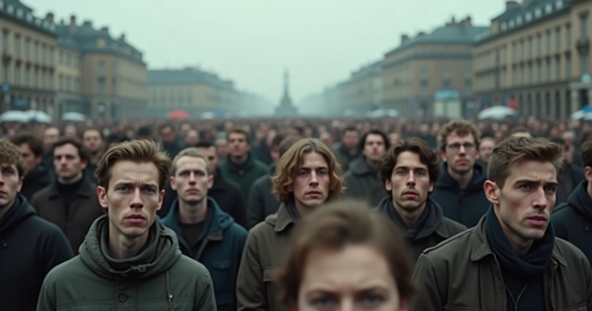 Multitud reunida con expresiones serias en un ambiente gris y tenso 