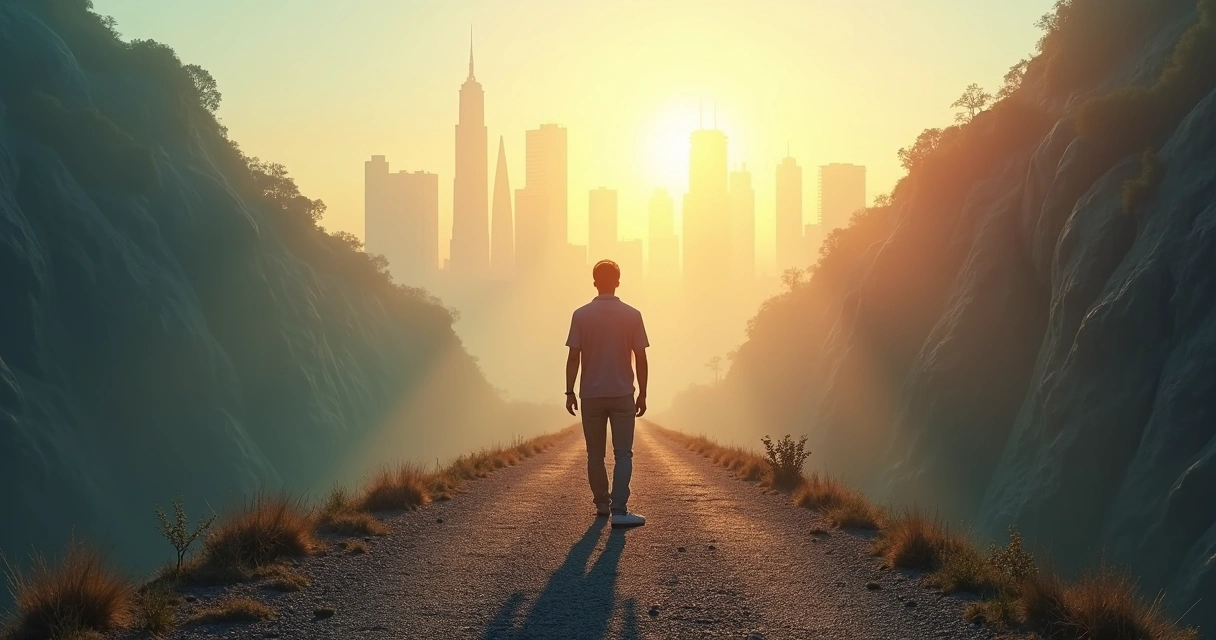 Persona frente a un camino dividido entre éxito luminoso y miedo en sombras 