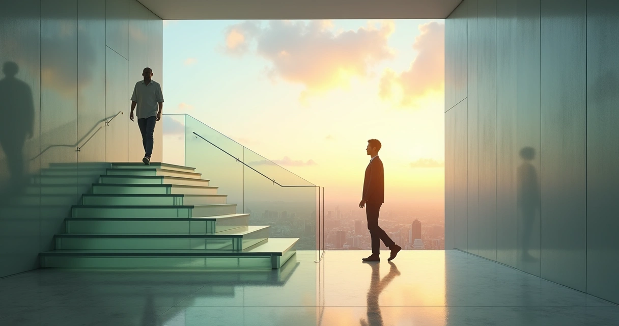Persona subiendo una escalera de cristal hacia una ciudad luminosa con sombras al fondo 