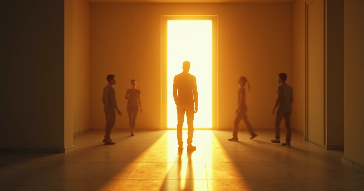 Persona ante puerta luminosa dudando antes de avanzar 