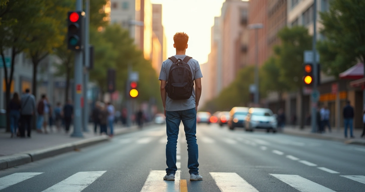 Persona dudando frente a dos caminos en una ciudad 