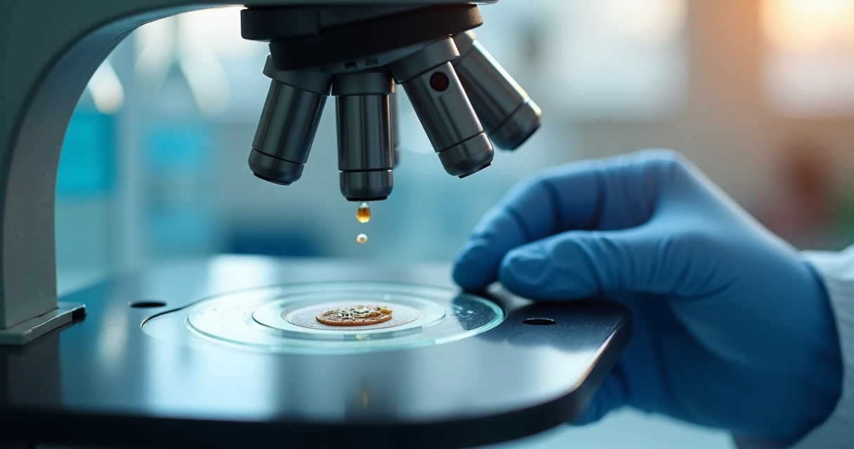 Amostra de medula óssea analisada em lâmina sob o microscópio 