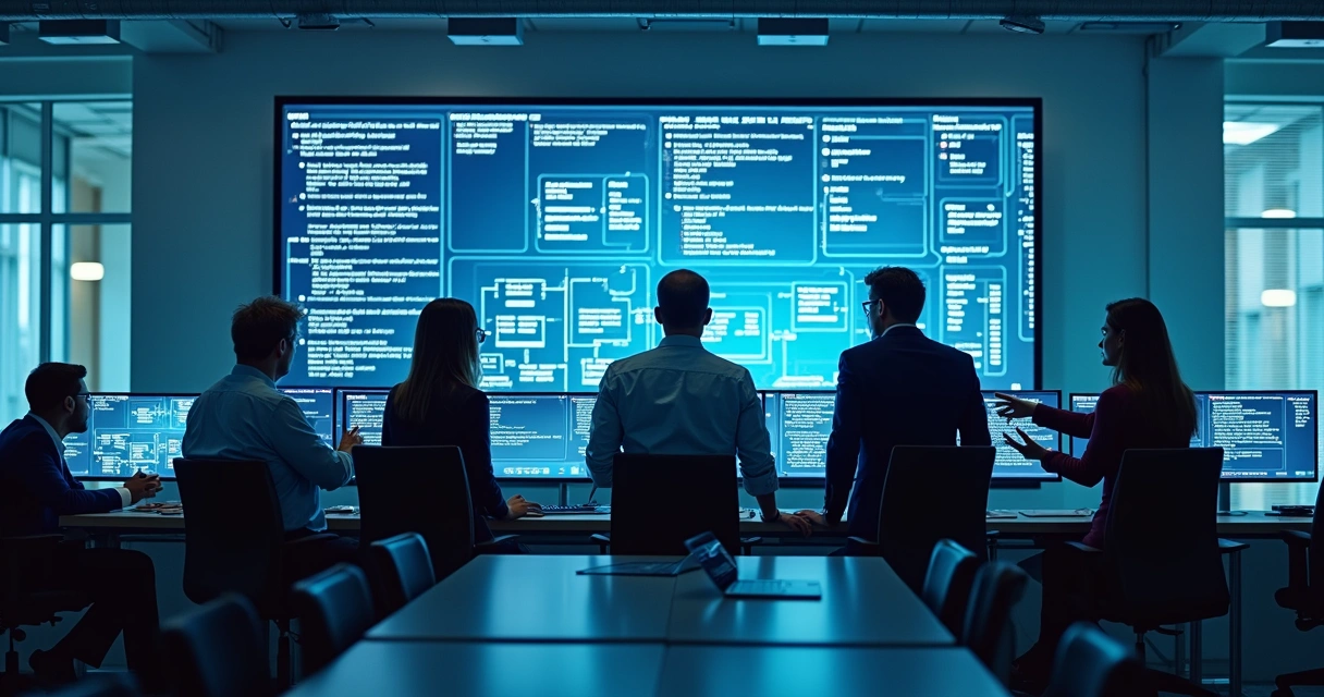 Equipe de TI analisando telas de sistemas antigos e modernos lado a lado 