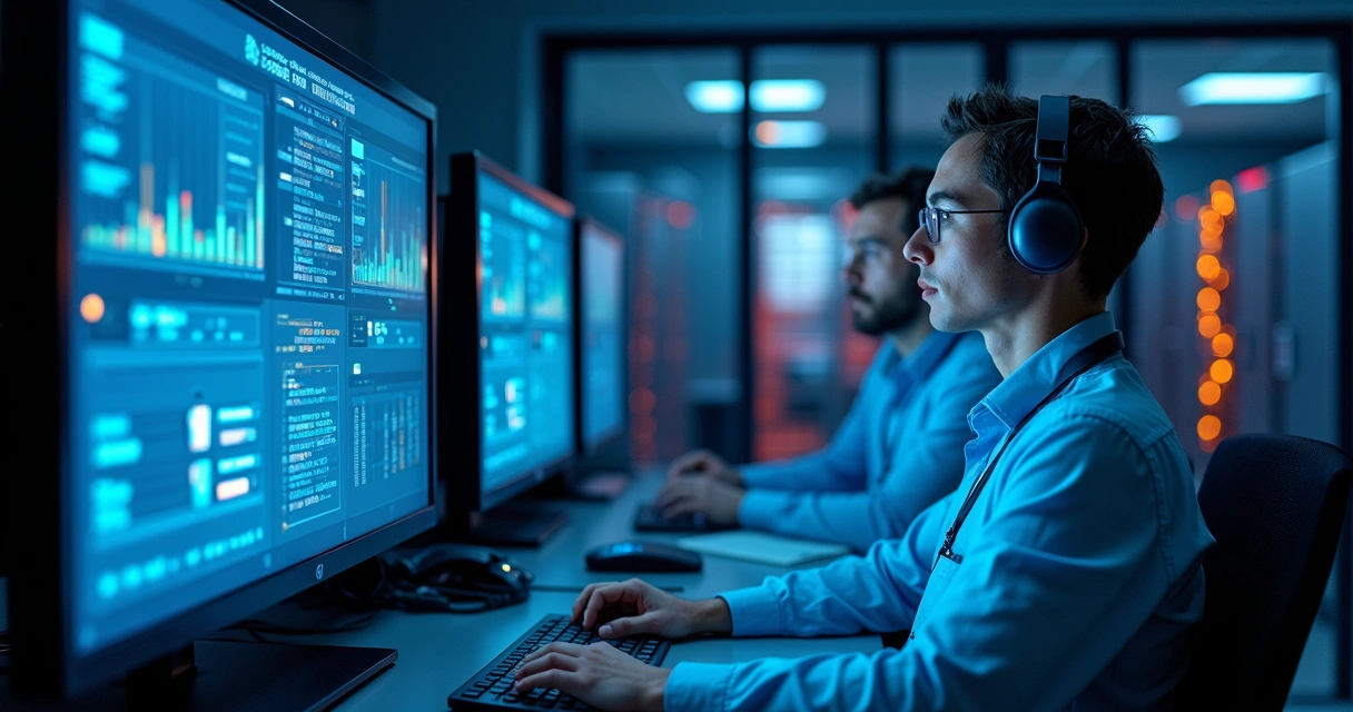 Profissionais de TI monitorando servidores em data center durante migração de dados 