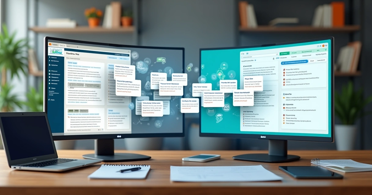 Tela de computador mostrando migração de conteúdo entre duas plataformas de blog 